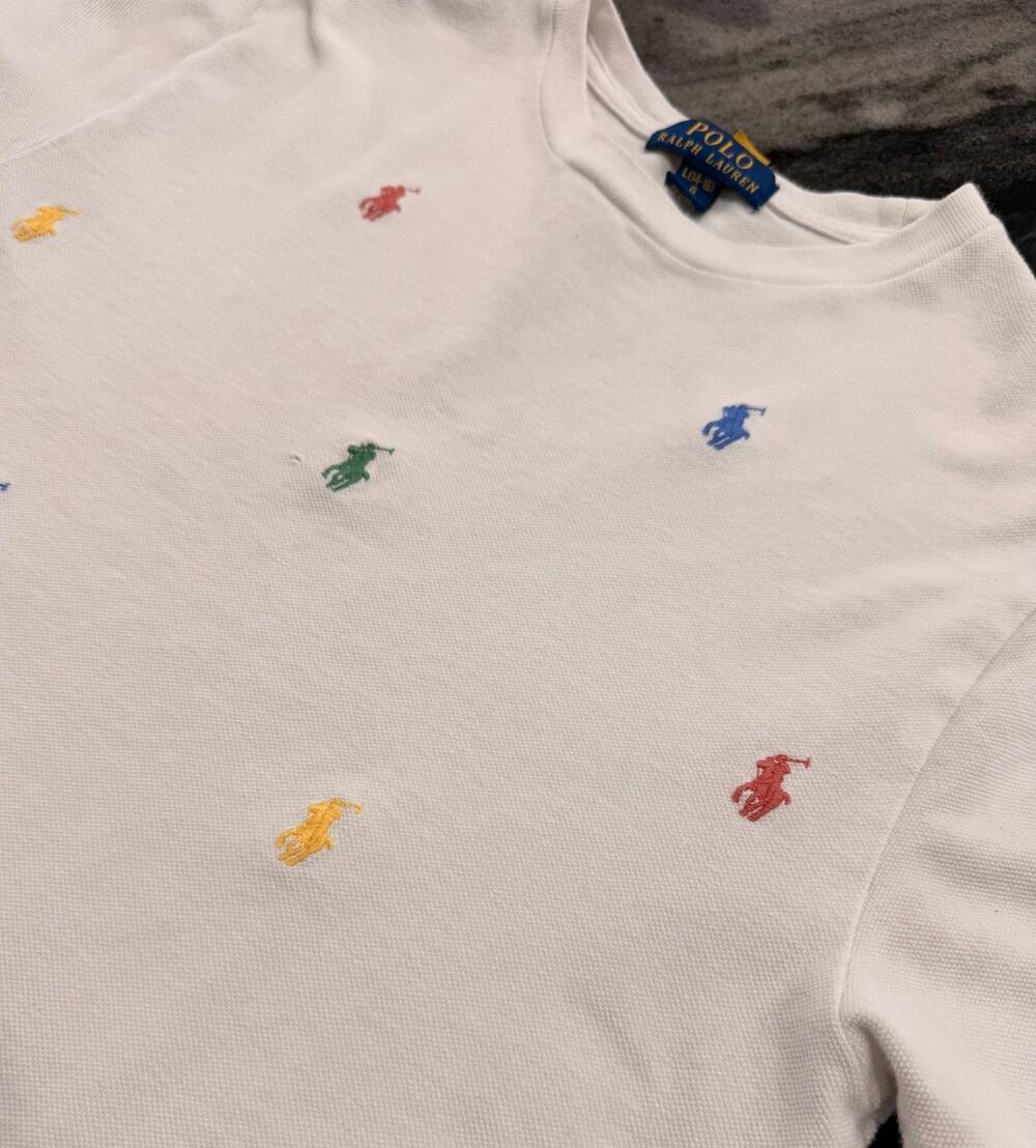 Polo Ralph Lauren Boys L 14-16 AOP Multi Pony Embroidered Pique Distressed Tee